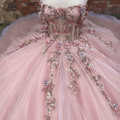 Robe de bal rose en tulle ornée d'appliqués floraux, modèle Sweet 16 Y527