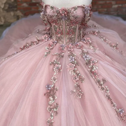 Pink Tulle Floral Appliques Ball Gown Sweet 16 Dress Y527