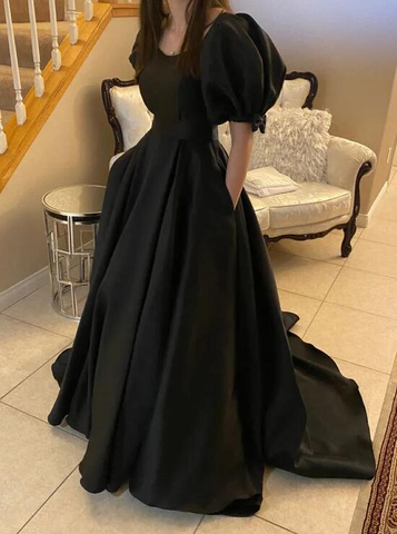 Vestidos de noche formales negros estilo sirena con mangas cortas Y4347