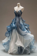Vestido largo de fiesta vintage de tul corte A, azul, sin tirantes, modelo Y8522
