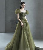 Vestido largo de tul verde para baile de graduación, vestido de noche verde Y623