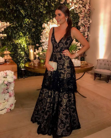 Vestido largo de noche sexy con escote en V y encaje hasta el suelo Y6036