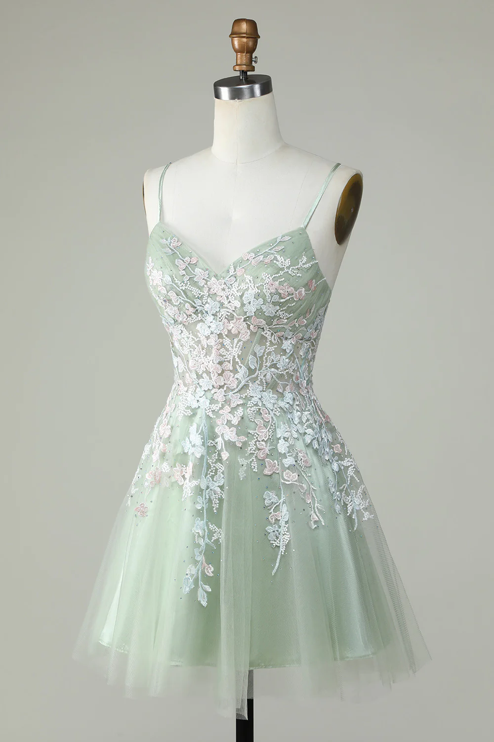 Vestido de fiesta color verde salvia con tirantes finos y espalda cruzada Y2925