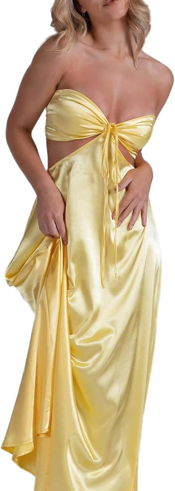 Vestido largo de fiesta para mujer, estilo cruzado en el pecho, color liso, con abertura, lazo, sin tirantes, espalda descubierta, sin mangas, modelo Y4673