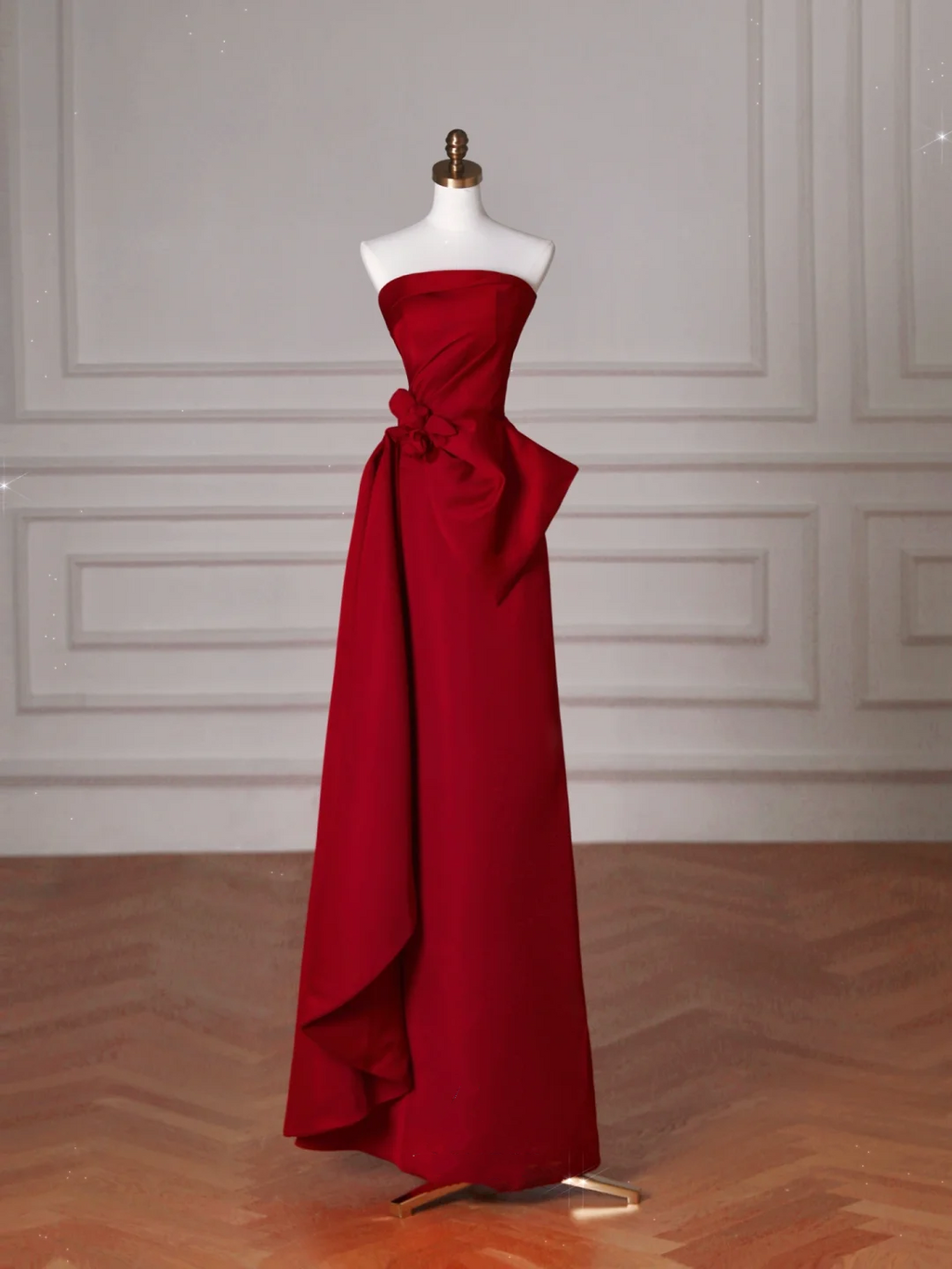 Elegant Red Satin Strapless Prom Dress A Line Formal Evening Dress Y8624