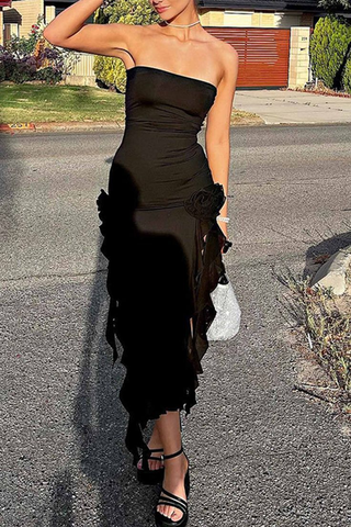 Vestido de noche negro con volantes, corte sirena, sin tirantes, de gasa, para baile de graduación Y7765