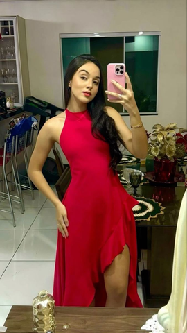Vestido de fiesta rojo sin mangas con abertura y volantes Y7788