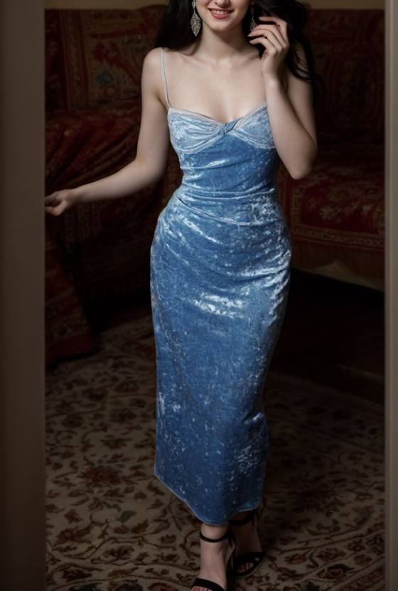 Elegante vestido de fiesta azul de terciopelo con tirantes finos, vestido de noche Y8193