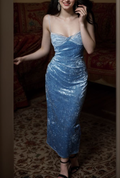 Elegante vestido de fiesta azul de terciopelo con tirantes finos, vestido de noche Y8193