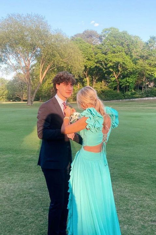 Robe de bal longue trapèze à col en V et volants, robe de soirée simple Y4626