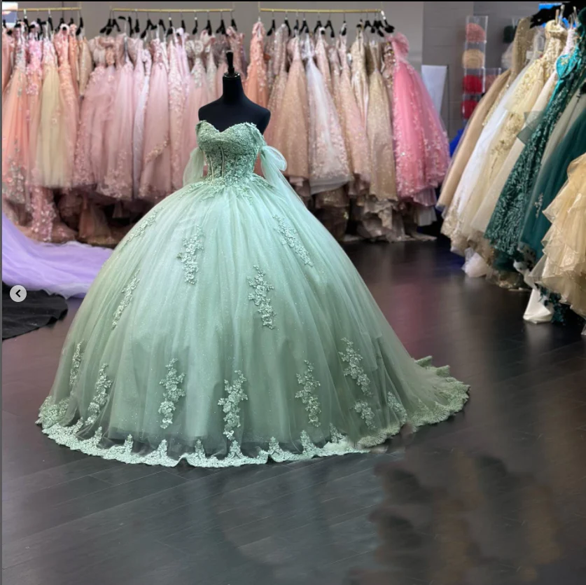 Robe de bal vert sauge pour quinceañera, robe de soirée en dentelle à épaules dénudées, Y2421