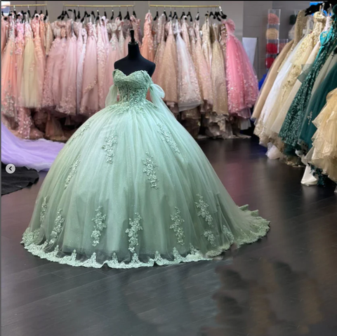 Robe de bal vert sauge pour quinceañera, robe de soirée en dentelle à épaules dénudées, Y2421