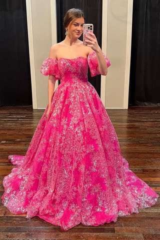Vestido de baile palabra de honor rosa fucsia con encaje floral y mangas abullonadas Y5981