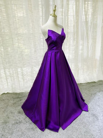 Robe de soirée longue simple en satin violet, coupe trapèze, référence Y869
