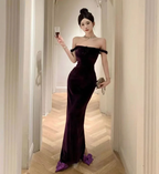 Robe de bal longue fourreau élégante en velours violet, épaules dénudées et fente, Y8131