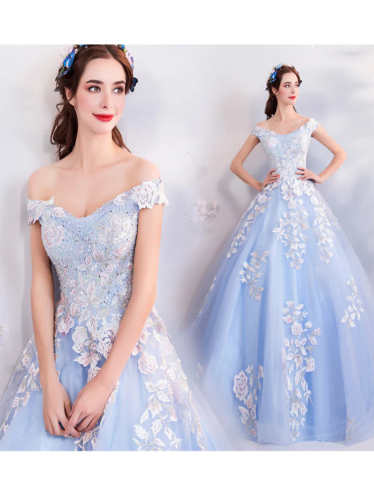 Vestido de quinceañera azul con hombros descubiertos, vestido de baile azul Y52