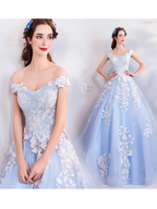 Vestido de quinceañera azul con hombros descubiertos, vestido de baile azul Y52