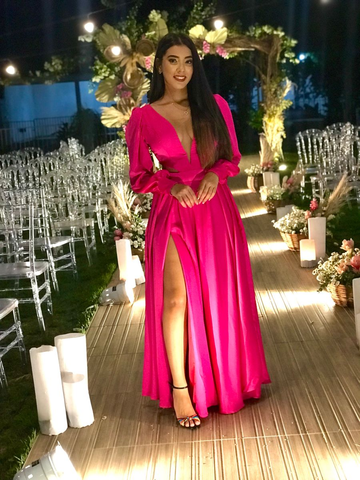 Vestido de noche de satén modesto, corte en A, escote en V, vestido de gala Y5191