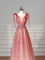 Robe de bal élégante en tulle à sequins et col en V, rose fraise, coupe trapèze, longue, Y8614