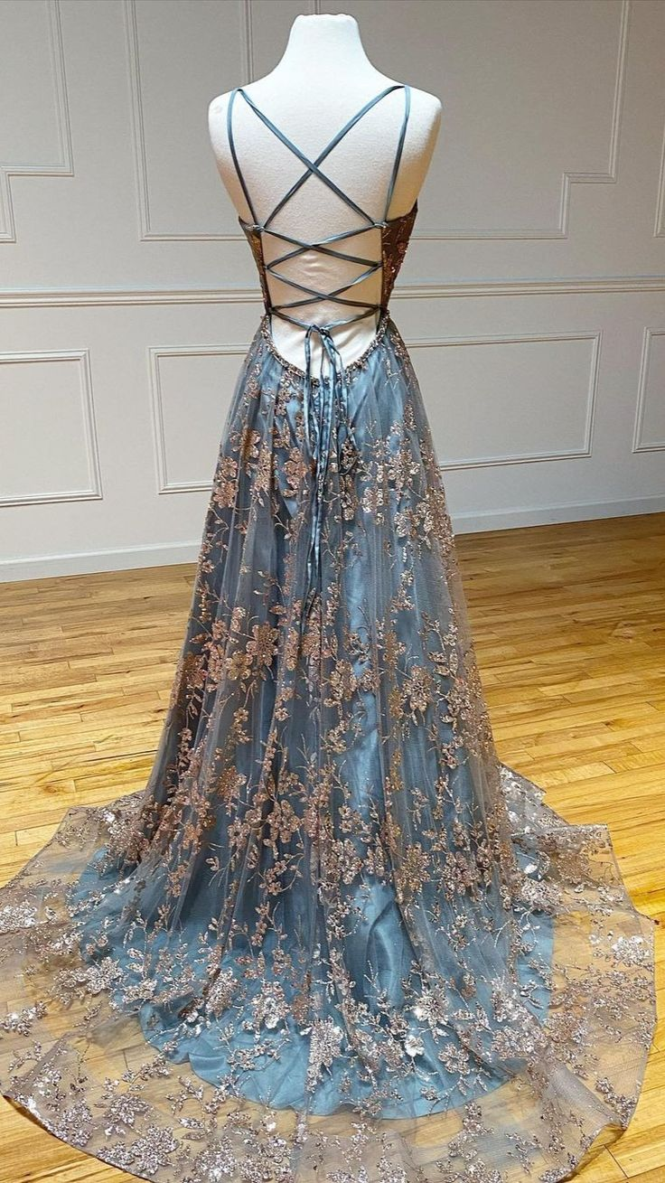 Vestido largo de fiesta de tul con lentejuelas, escote en V y espalda descubierta, corte en A, modelo Y5620