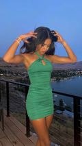 Robe moulante unie pour femme, col halter, sans manches, verte sexy, robe de bal Y2659