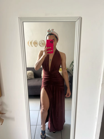Sexy Halter Backless Brown A Line Slit Prom Dress Deep V Evening Dress Y8481