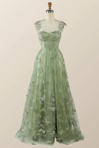 Vestido de noche largo de fiesta corte A con mariposas en color verde salvia Y2801