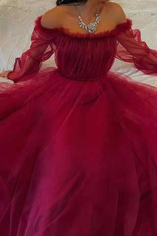 Robe de soirée bordeaux en tulle à manches longues Y503