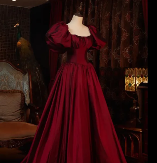 Robe de soirée longue bordeaux à manches courtes, robe de bal, robe de cérémonie Y6973