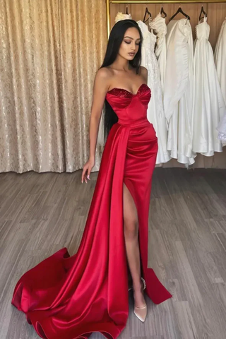 Robe de bal longue rouge satinée à sequins, robe de soirée rouge Y82