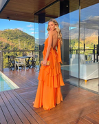 Robe de bal orange à volants, robe de soirée, robe de fête Y4735