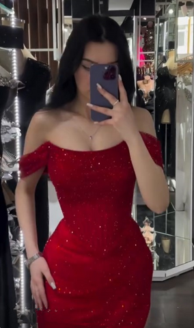 Vestido de noche rojo brillante con lentejuelas y hombros descubiertos, con abertura lateral Y7805