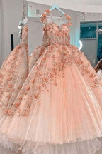 Robe de bal rose poudré à fleurs appliquées, robe de bal en tulle coupe A, robe de quinceañera Y388