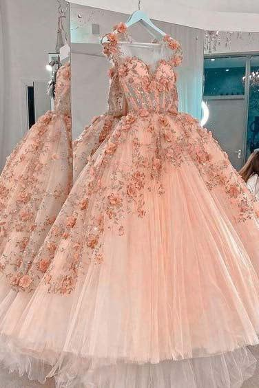 Vestido de baile con apliques de flores rosa rubor, vestido de tul corte A para graduación, vestido de quinceañera Y388