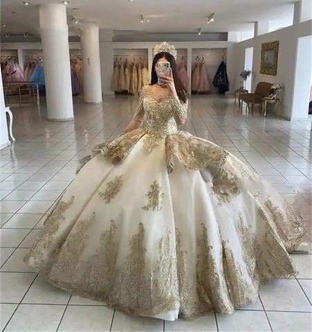 Robe de bal champagne à volants, robe de quinceañera, ornée de sequins et de perles, manches longues, robe de princesse de soirée Y4952