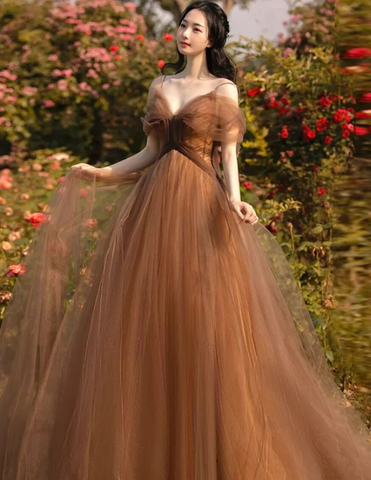 Precioso vestido largo de fiesta de tul con tirantes, corte en A, ideal para ocasiones formales (modelo Y4643).