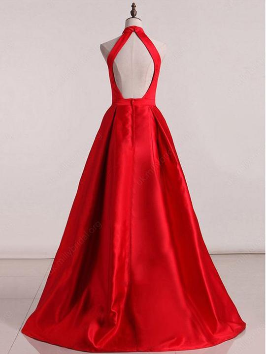 Robes de bal sans manches à dos nu et décolleté licou, robes de soirée trapèze en satin Y941