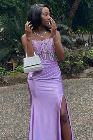 Encantador vestido largo de fiesta sin tirantes con apliques de encaje burdeos y abertura, estilo sirena, modelo Y7883