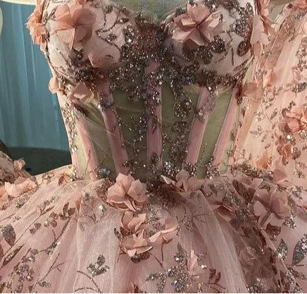 Vestido de baile con apliques de flores rosa rubor, vestido de tul corte A para graduación, vestido de quinceañera Y388