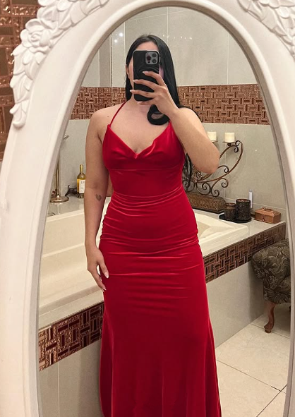 Robe de soirée sirène en velours rouge à fines bretelles rouges Y7816
