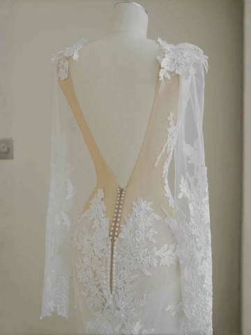 Elegant White Lace Appliques Mermaid Evening Dress,Backless Prom Dress Wedding Dress Y8677