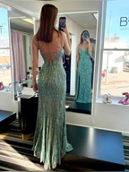 Magnifique robe de soirée verte à fines bretelles, en tulle et sequins, fendue, style bal de promo Y7919