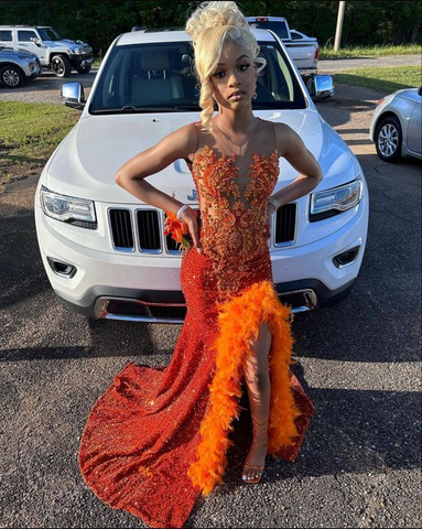 Vestido de noche de corte sirena con cuentas y abertura, lentejuelas brillantes color naranja Y6514