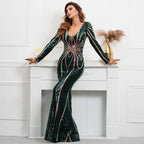 Stretch Green Sequin Maxi Dress Full Sleeve V Neck Mermaid Evening Night Long Party Dress
