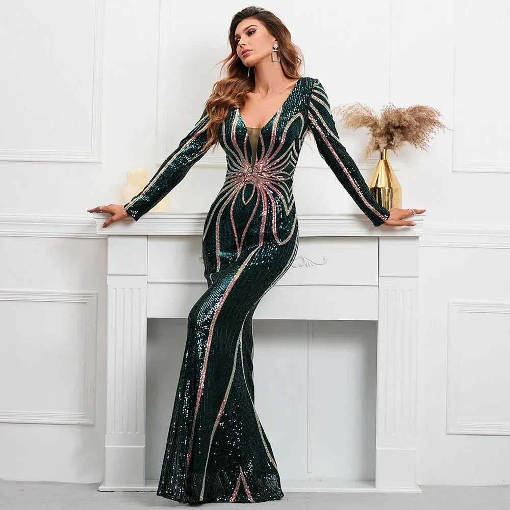Stretch Green Sequin Maxi Dress Full Sleeve V Neck Mermaid Evening Night Long Party Dress