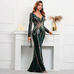 Stretch Green Sequin Maxi Dress Full Sleeve V Neck Mermaid Evening Night Long Party Dress