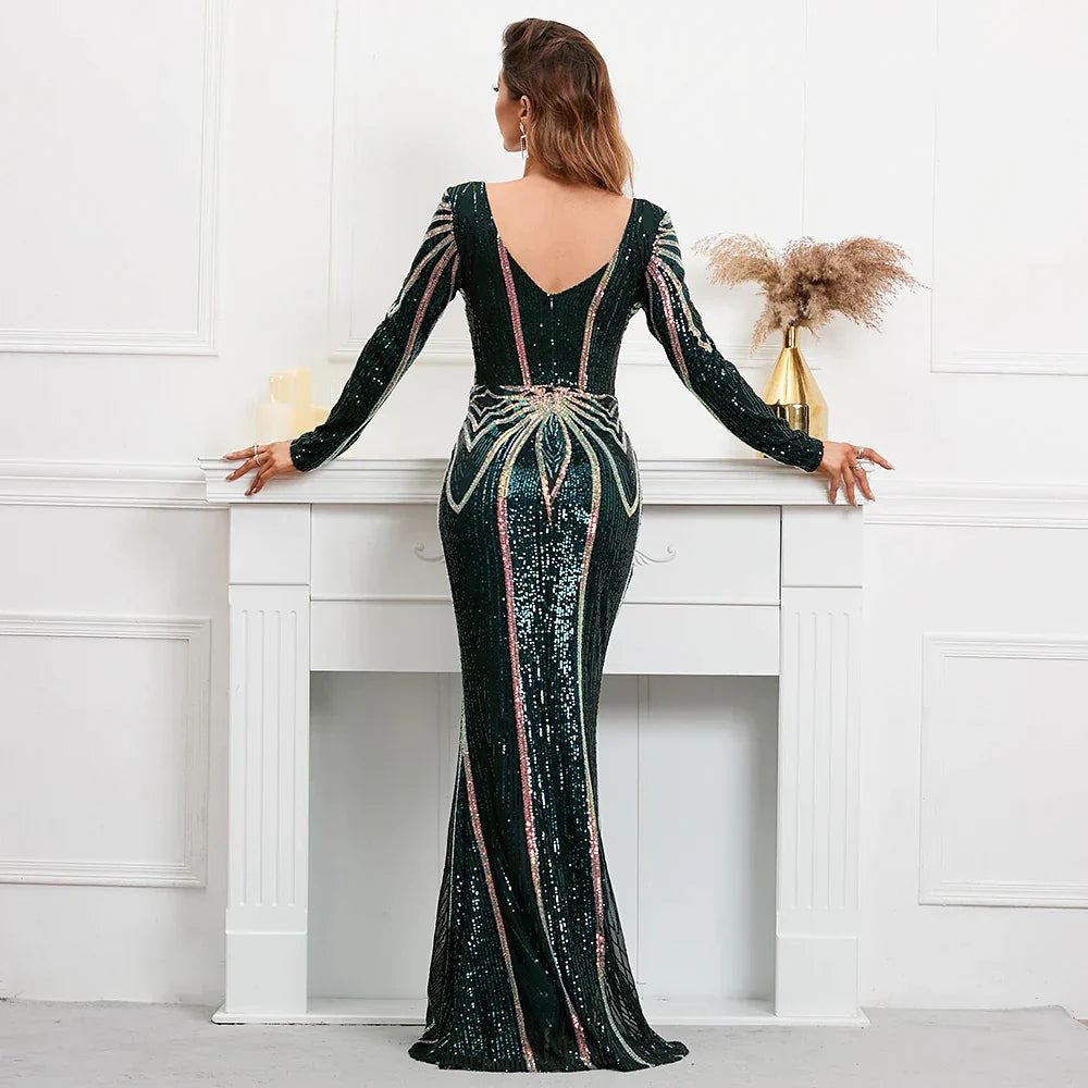 Stretch Green Sequin Maxi Dress Full Sleeve V Neck Mermaid Evening Night Long Party Dress