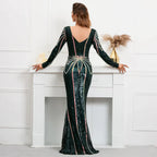 Stretch Green Sequin Maxi Dress Full Sleeve V Neck Mermaid Evening Night Long Party Dress