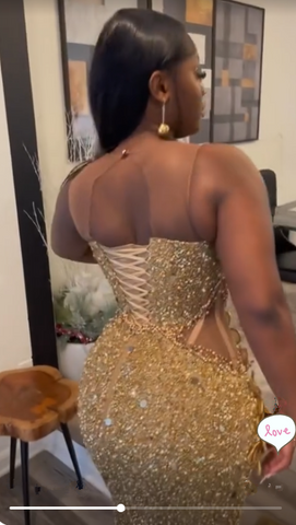 Vestido de noche de sirena con apliques de lentejuelas doradas de lujo Y7880