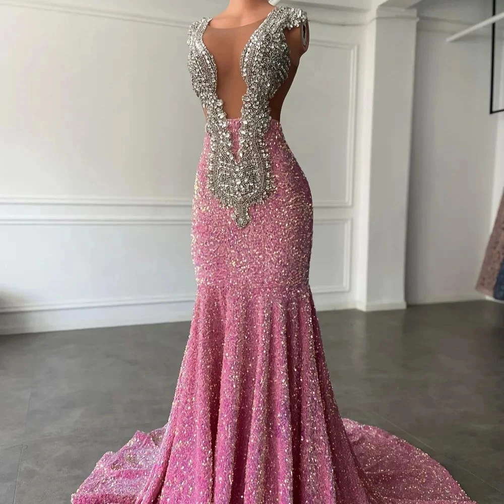 Vestidos de graduación rosa brillante, vestido de noche de sirena rosa con lentejuelas sexys para concursos de belleza Y477